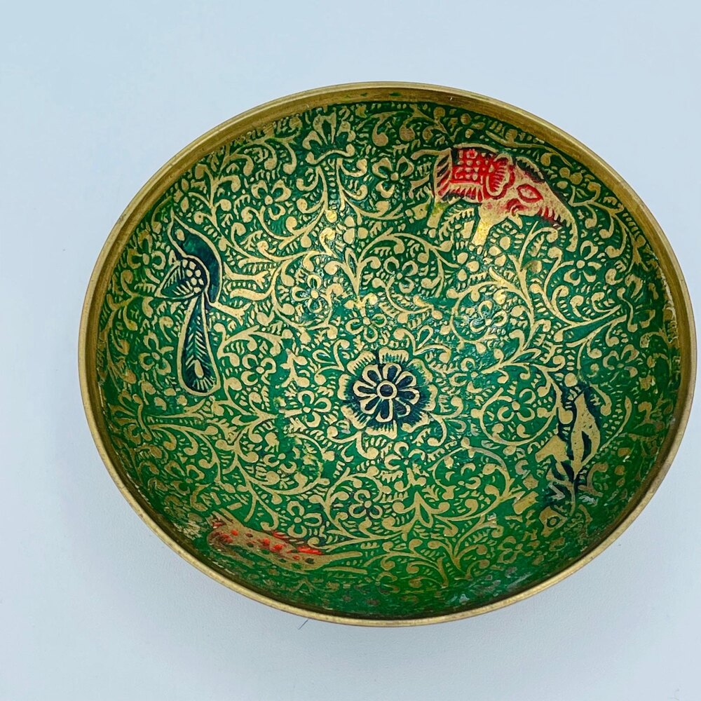 Vintage Hand Painted Brass Trinket Dish Enamel Green Bowl Animal Coin Boho